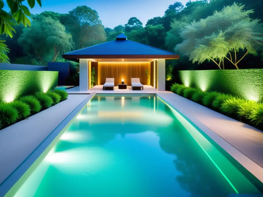 Espectacular piscina rodeada de vegetación exuberante, con desinfección con luz UV para piscinas, creando un ambiente tranquilo e invitador