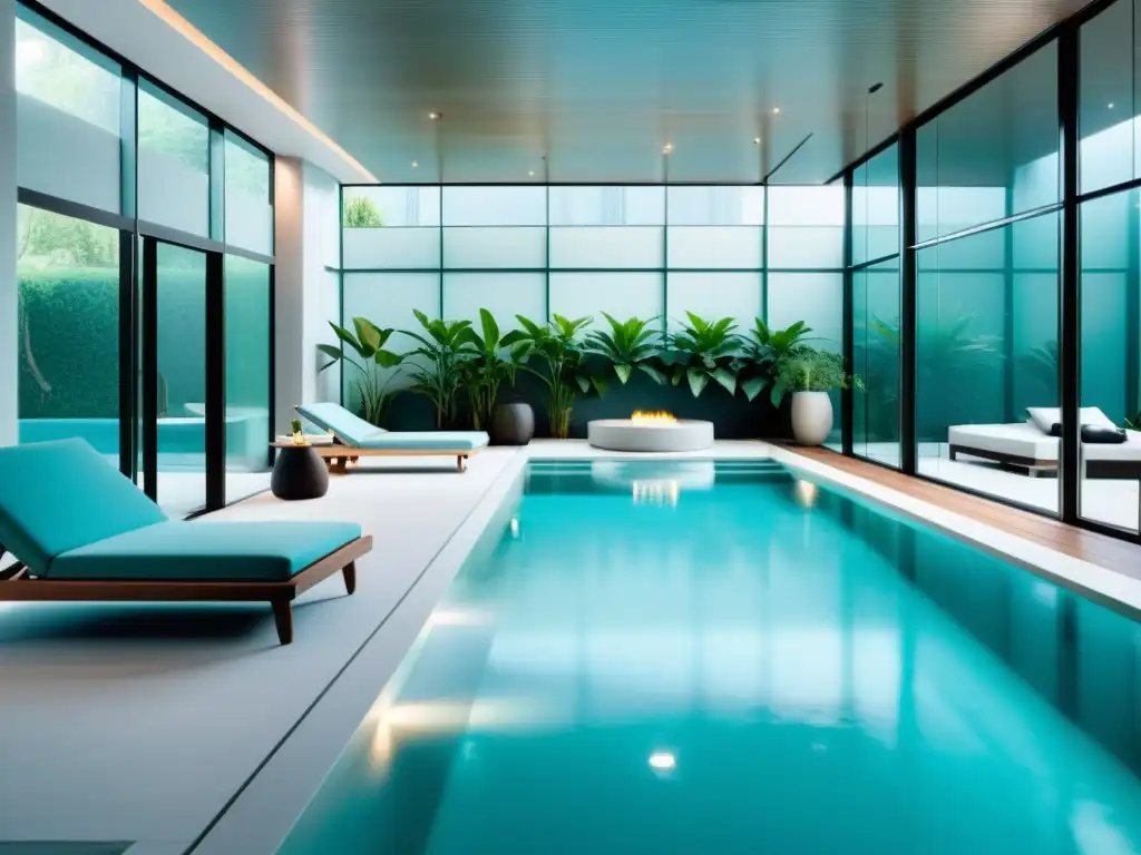 Piscina interior moderna y lujosa: diseño minimalista con luz natural Espléndida piscina climatizada para hogar con diseño minimalista, luz natural y ambiente sereno y acogedor