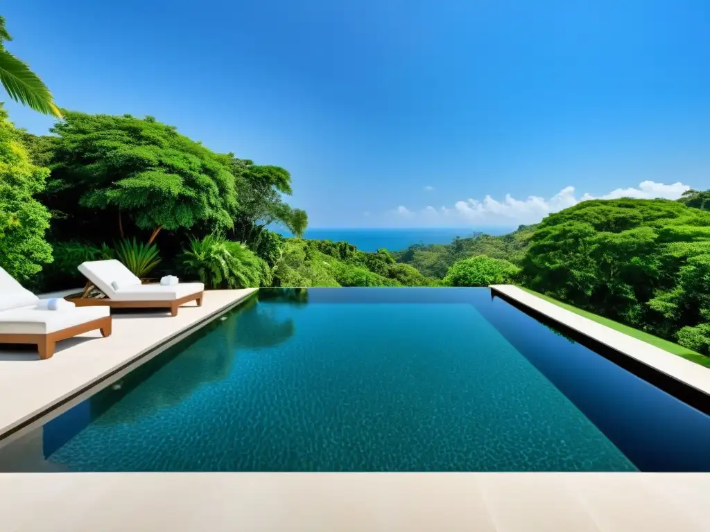 Espléndida piscina infinita integrando elementos de agua en diseño, rodeada de exuberante vegetación y un cielo azul claro