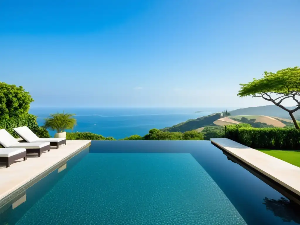 Espléndida piscina infinita exterior con vistas al paisaje, integrando elementos de agua en diseño