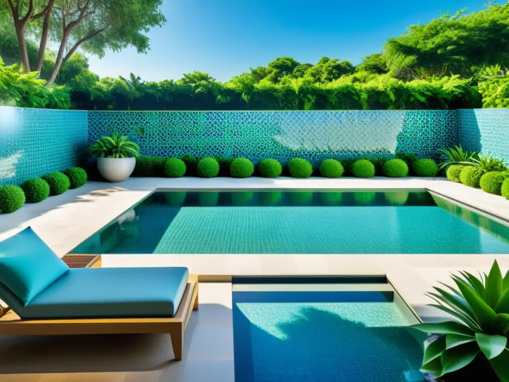 Exquisita piscina de mosaico en tonos azules y verdes Espléndida piscina con mosaicos en tonos azules y verdes, rodeada de exuberante vegetación y muebles modernos