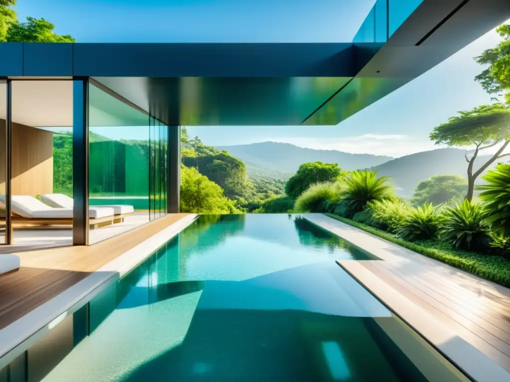 Piscina de lujo con vistas exquisitas Espléndida piscina con paredes de vidrio, reflejando la luz del sol y rodeada de exuberante vegetación y arquitectura moderna