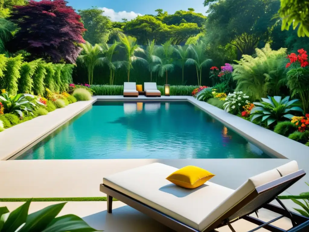 Oasis de biodiversidad: piscina moderna en jardín exuberante Espléndida piscina rodeada de espacios biodiversos alrededor piscina, con aves y mariposas entre exuberante vegetación y diseño geométrico moderno