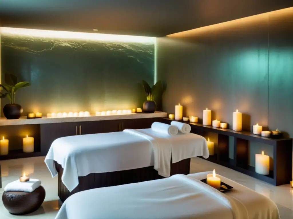 Exclusivo spa de lujo: masajes, serenidad y elegancia Evento exclusivo en spa: ambiente lujoso con mármol blanco, masajes relajantes y una cascada serena
