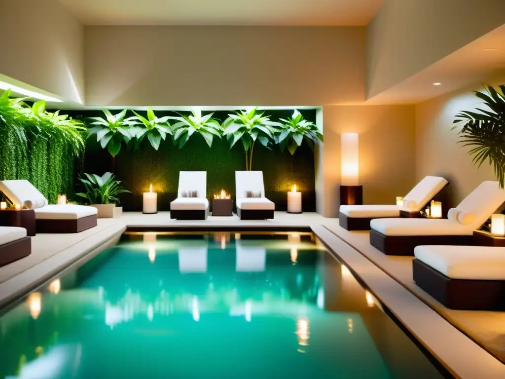 Exclusivo spa de lujo: piscina serena y tratamientos rejuvenecedores Evento exclusivo en spa: piscina interior serena rodeada de vegetación, con elegantes tumbonas blancas y una atmósfera tranquila