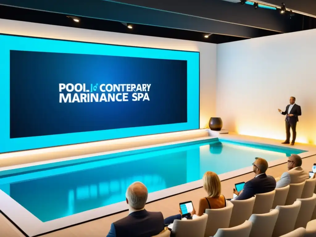 Conferencia virtual sobre mantenimiento de piscinas y spas Un evento online para propietarios de piscinas con un ambiente moderno y profesional, con un orador presentando consejos de mantenimiento