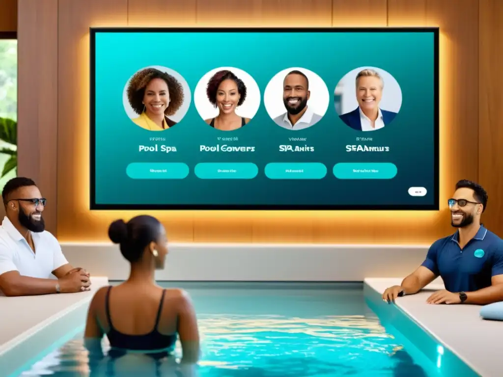 Evento virtual de propietarios de piscinas y spas: dinámico y educativo Evento online para propietarios de piscinas: participantes diversos disfrutan de presentaciones y networking en una plataforma virtual moderna