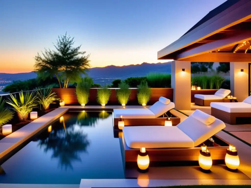 Exclusivo evento de spa al atardecer en un oasis moderno Eventos exclusivos spas patrocinados: Un lujoso evento de spa al atardecer en un oasis moderno con arquitectura elegante y exuberante vegetación
