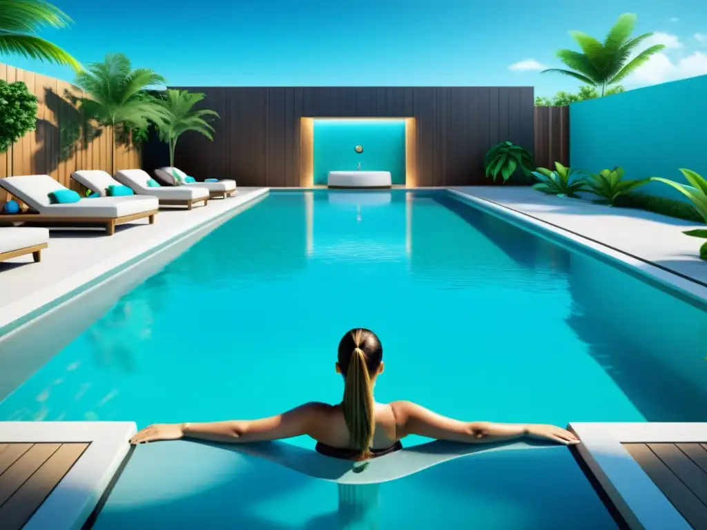 Experiencia de lujo y realidad aumentada en piscina Experiencias de piscina con realidad aumentada: ambiente lujoso, actividades interactivas y diseño moderno en el área de la piscina