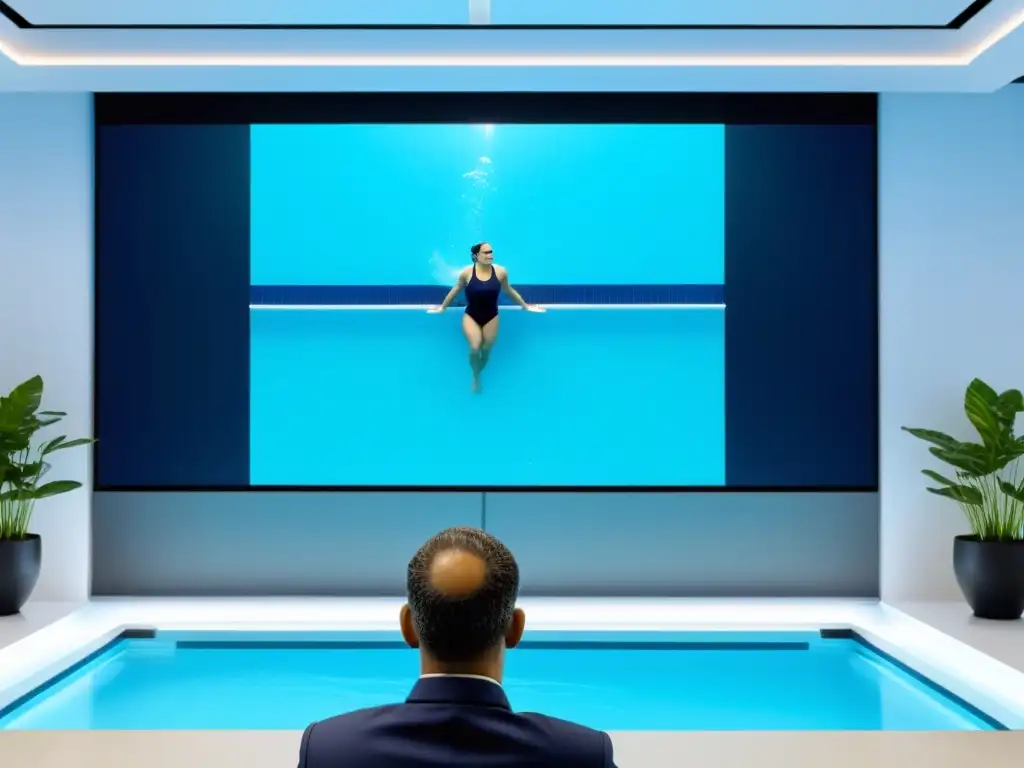 Experto en mantenimiento de piscinas dirige un webinar interactivo rodeado de pantallas con consejos y técnicas