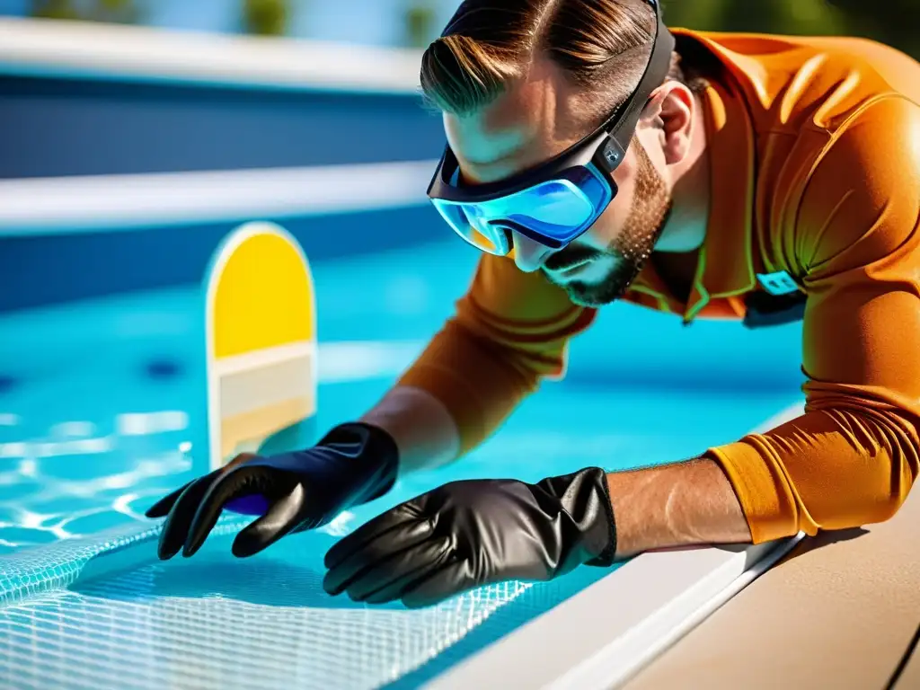 Instalación profesional de sistema de filtración UV en piscina reluciente Un experto en piscinas instala con precisión un sistema de filtración UV para piscinas, irradiando limpieza y bienestar