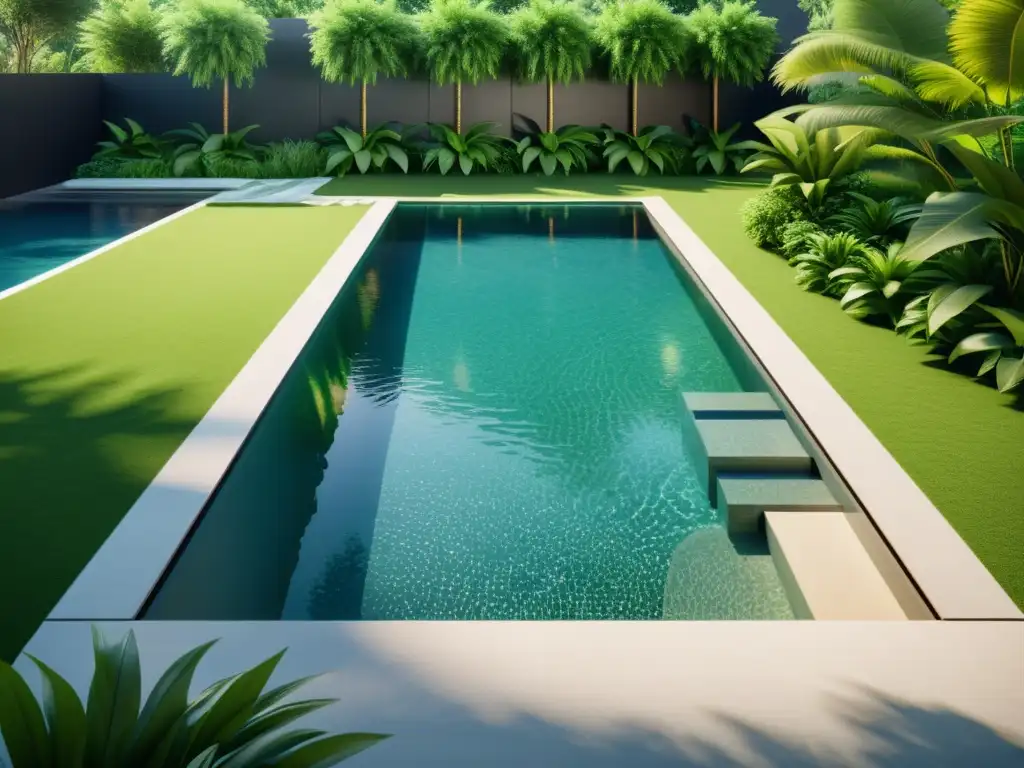 Piscina de diseño moderno con agua cristalina en 8k Exquisita piscina moderna con agua cristalina, rodeada de vegetación exuberante y bañada por la luz natural