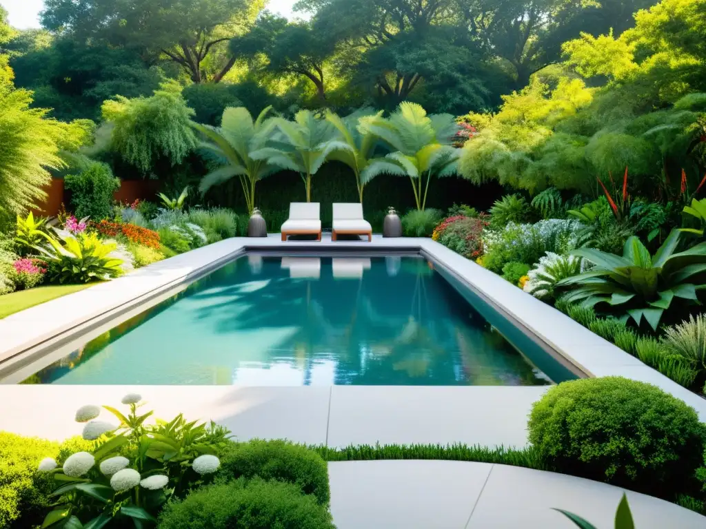 Jardín exuberante y biodiverso junto a una piscina moderna Jardín exuberante y biodiverso alrededor de piscina, con plantas nativas, flores coloridas y vida silvestre