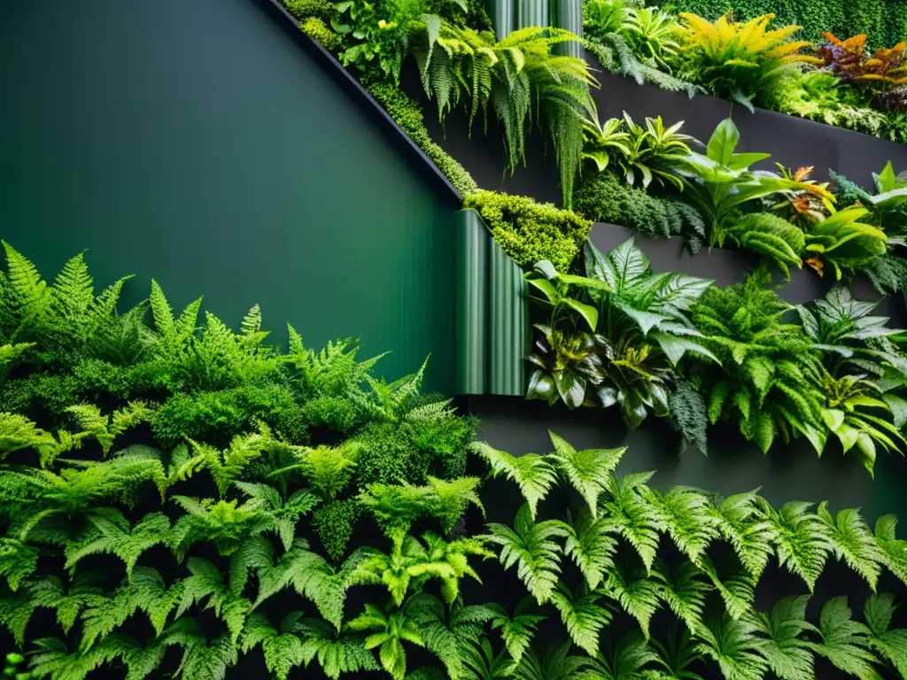 Muralla verde exuberante: detalle ultra definido de plantas tropicales Una exuberante pared viva verde con variedad de plantas, incluyendo helechos, musgo y follaje tropical