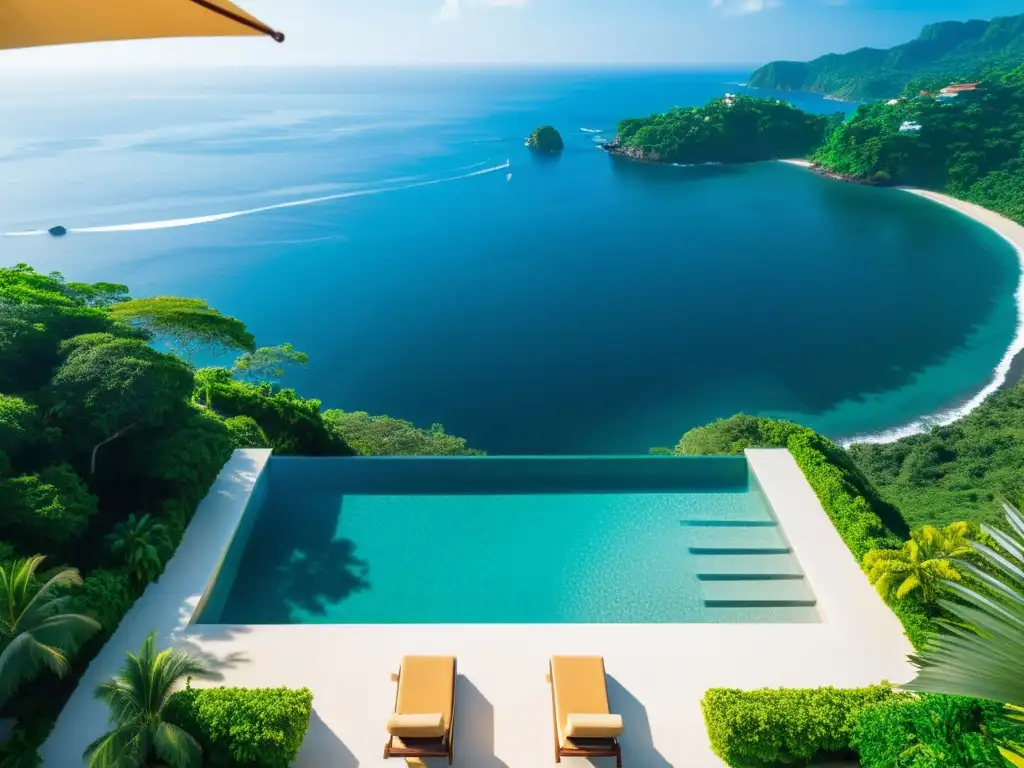 Infinity pool de lujo con vista al mar Exuberante piscina infinita con vistas al mar y modernas tumbonas, ideal para los mejores hilos de discusión de piscinas en la web