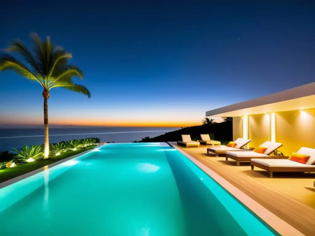 Piscina de lujo nocturna con luces LED coloridas Exuberante piscina moderna de noche, iluminada con luces LED coloridas, cumpliendo normativas iluminación piscinas nocturnas