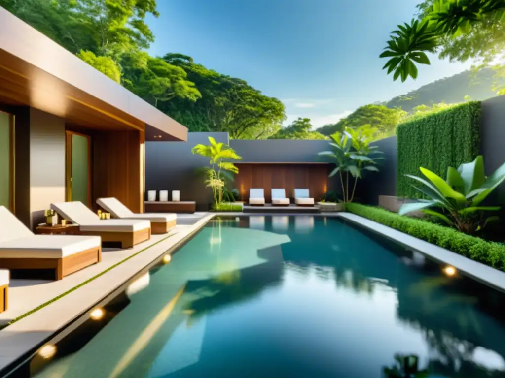 Spa de lujo: oasis de tranquilidad y relajación Exuberante spa de diseño moderno con piscina reluciente bajo el cálido sol