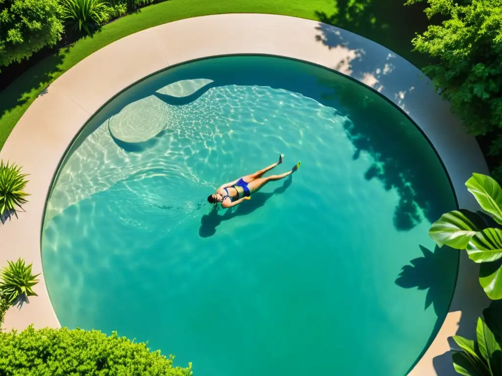 Experiencia familiar: natación segura en piscina cristalina Una familia disfruta de un día de natación segura y educativa en una piscina cristalina rodeada de exuberante vegetación