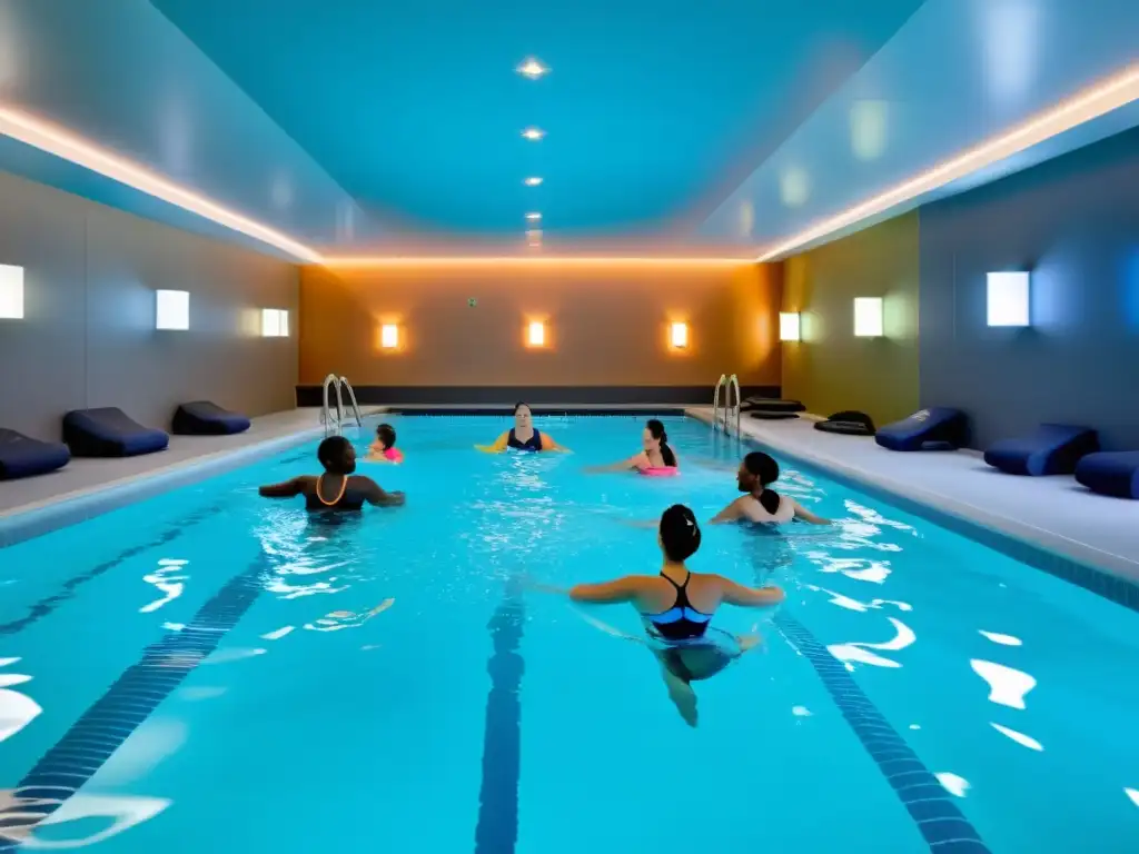 Terapia acuática: bienestar y diversión en la piscina Un grupo diverso disfruta de una sesión de hidroterapia en una piscina cubierta, transmitiendo serenidad y bienestar