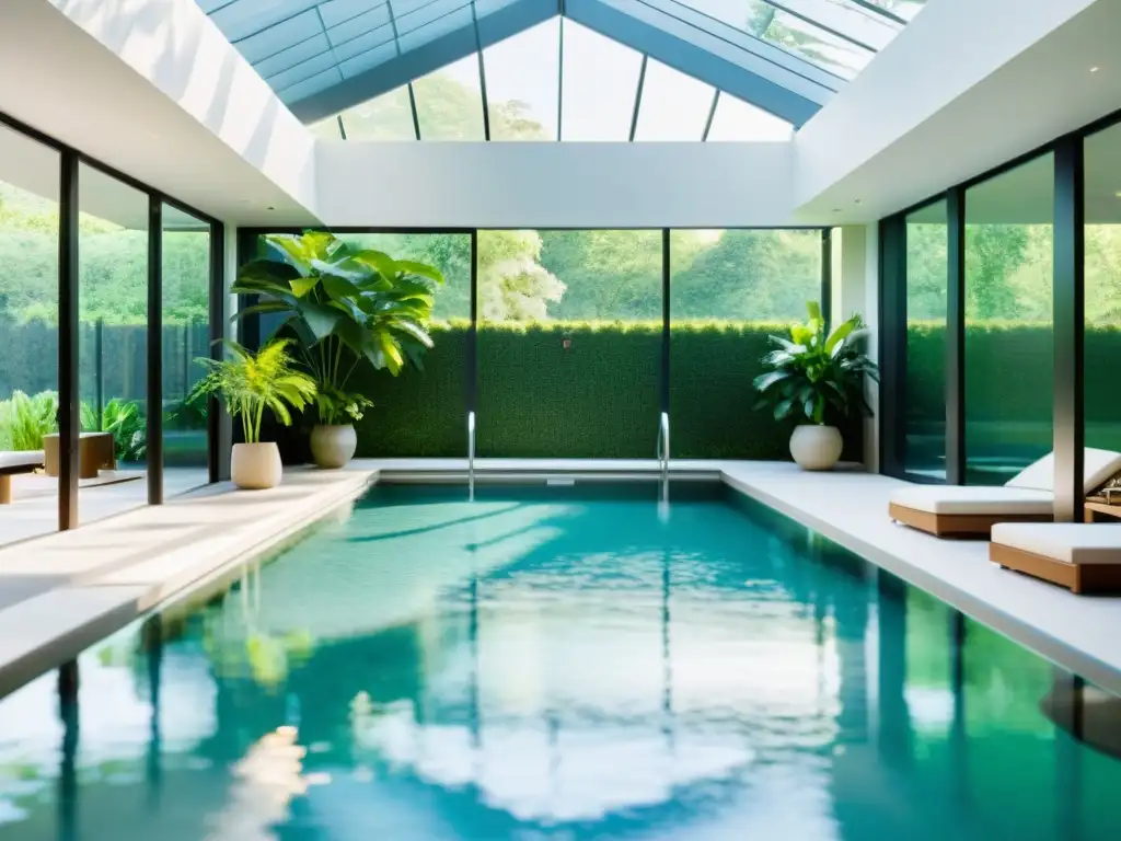 Terapia acuática: serenidad y bienestar en piscina cubierta Grupo disfruta ejercicios de natación terapéutica para mejorar circulación en serena piscina cubierta con luz natural y vegetación exuberante