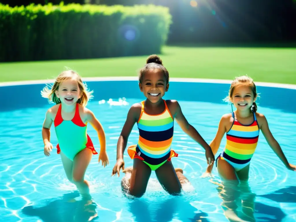 Diversión segura: niños disfrutando en una piscina cristalina Un grupo de niños se divierte en una piscina cristalina, con luz solar creando un patrón hipnotizante en el fondo