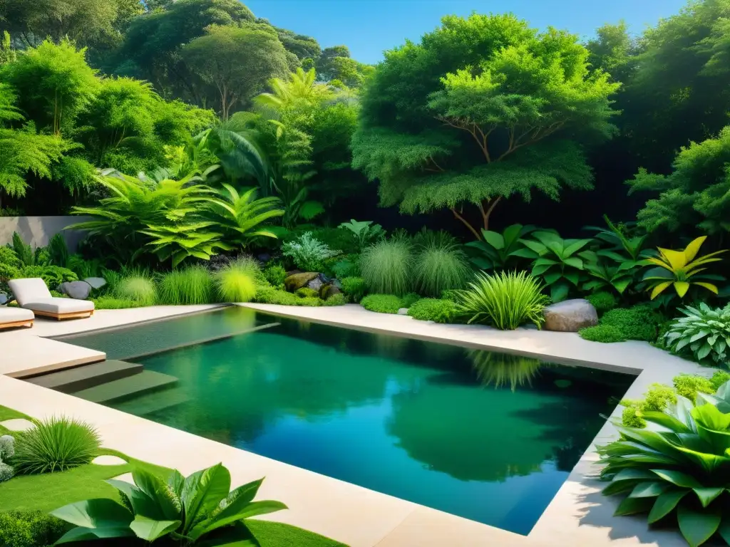 Jardín exuberante con piscina natural Un hermoso jardín con piscina natural rodeado de exuberante vegetación