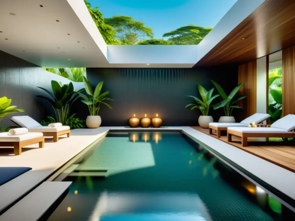 Hidroterapia emocional para mejorar estado ánimo: relajante spa con piscina cristalina rodeada de vegetación exuberante y asientos minimalistas