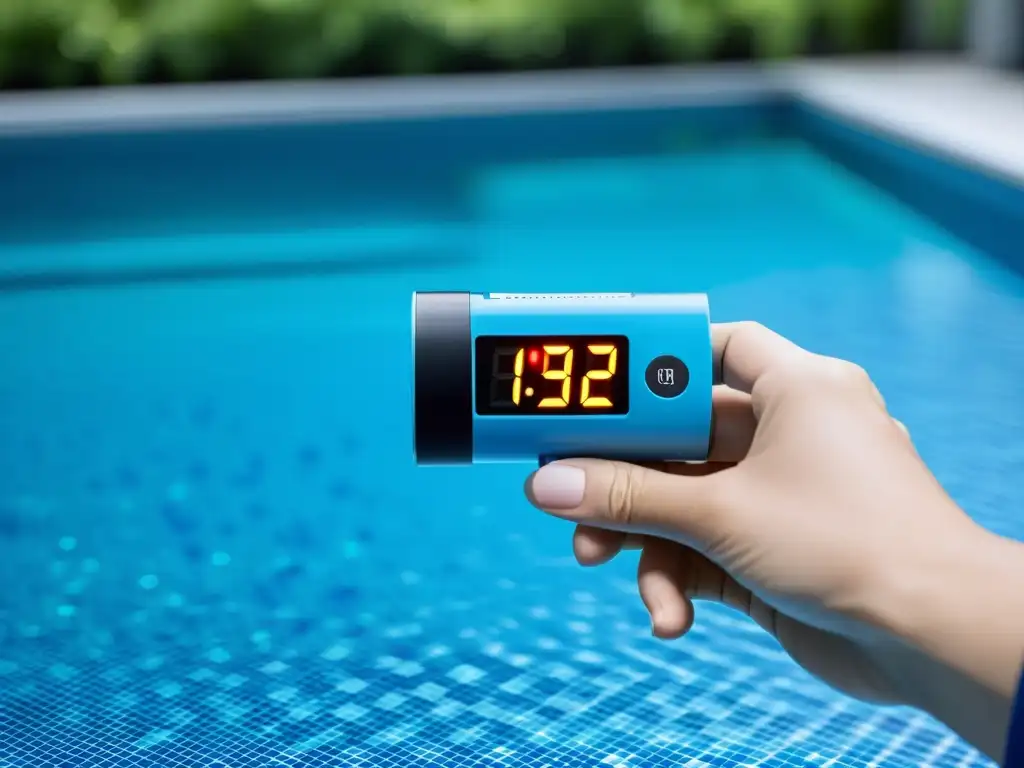 Tester digital de agua de alta tecnología en entorno de piscina Un hightech tester de agua para piscinas con diseño moderno, pantalla LED brillante y entorno minimalista junto a la piscina