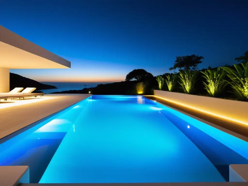Iluminación LED subacuática para piscinas: noche deslumbrante Una iluminación segura para piscinas con luces LED subacuáticas, crea un ambiente cautivador en una piscina cristalina por la noche