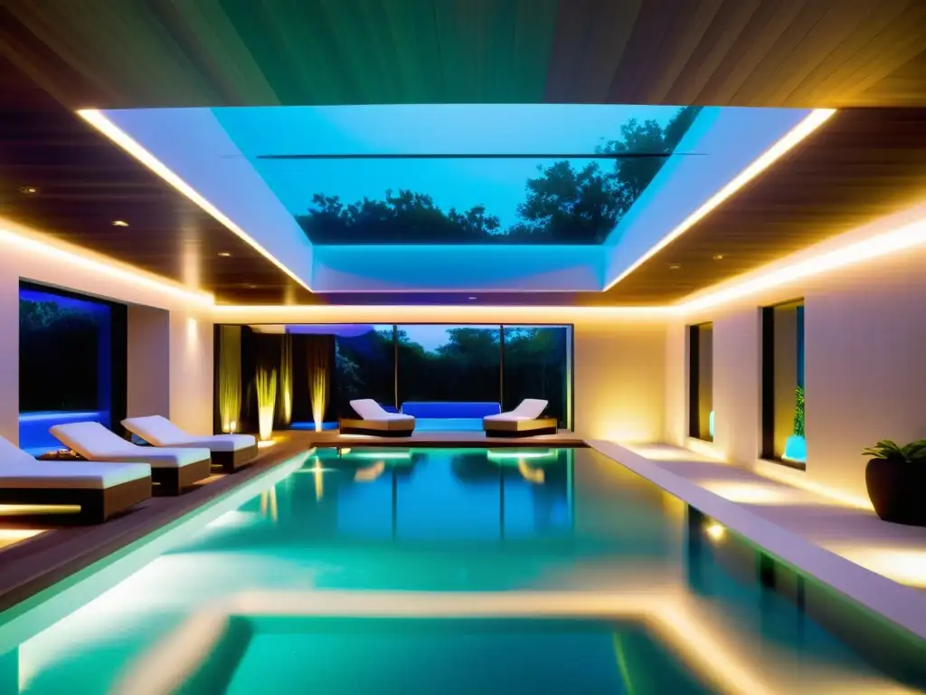 Espléndido sistema de iluminación LED subacuático en spa de lujo Una iluminación subacuática para spas que crea un ambiente cautivador y relajante en una lujosa piscina