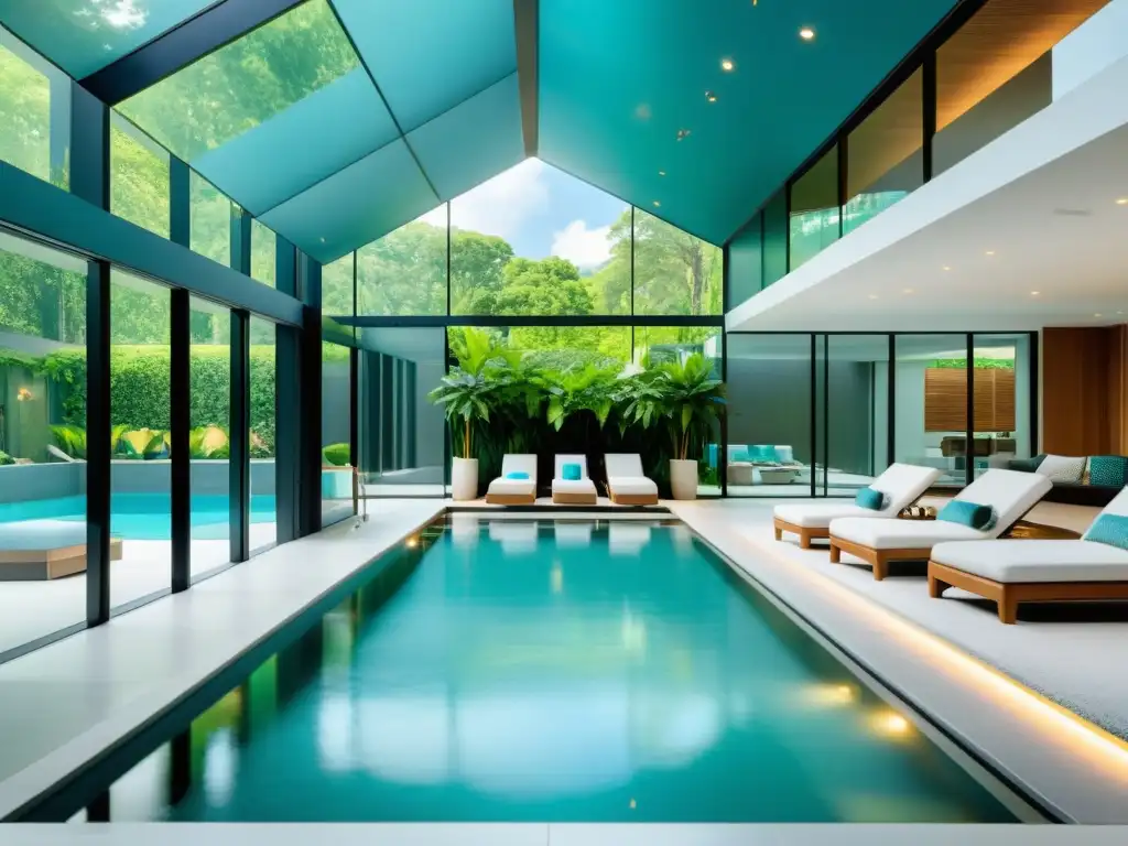 Piscina climatizada de lujo en 8k ultradetallada Imagen impactante de una lujosa piscina climatizada interior rodeada de arquitectura moderna y ventanas amplias que dejan entrar luz natural