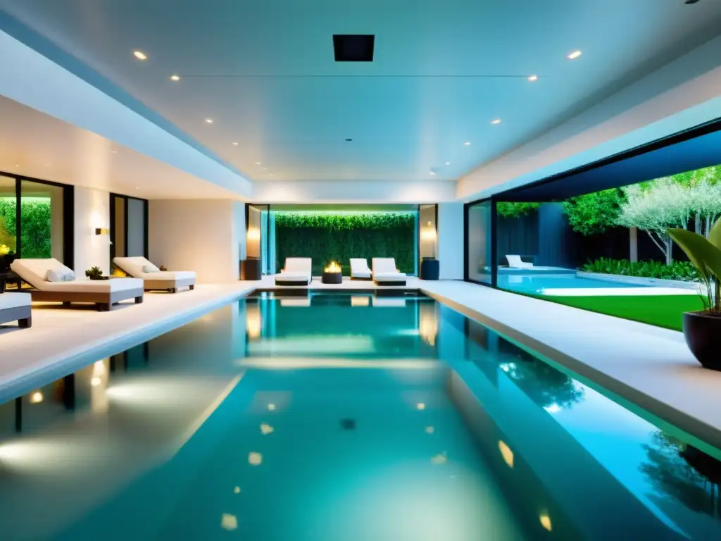 Piscina cubierta de diseño moderno, 8K Imagen impresionante de una piscina climatizada de diseño moderno, rodeada de elegancia y tranquilidad
