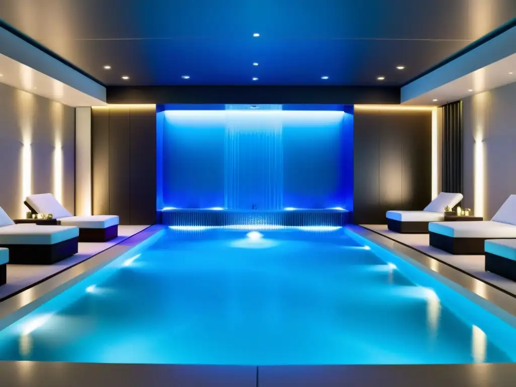 Spa moderno con purificación UV y agua cristalina Imagen de lujo y tranquilidad en un spa con purificación ultravioleta, resaltando los beneficios de la purificación ultravioleta