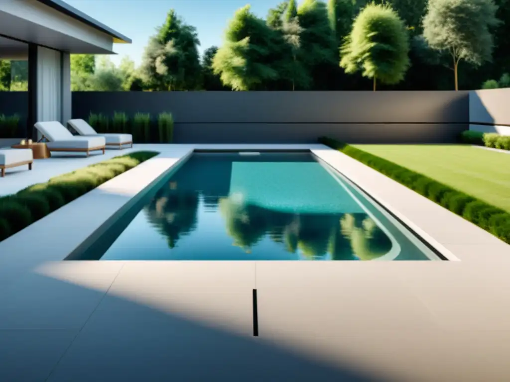 Exquisita piscina moderna en 8k: lujo y serenidad Imagen de una lujosa piscina moderna con tendencias en acabados de piscinas, diseño geométrico y entorno sereno