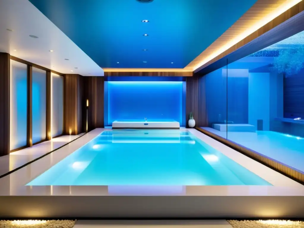 Spa de lujo con tecnología UVC para purificación de agua Imagen de un lujoso spa moderno con tecnología UVC para mejorar la calidad del agua, invitando a sumergirse en su piscina cristalina y contemporánea