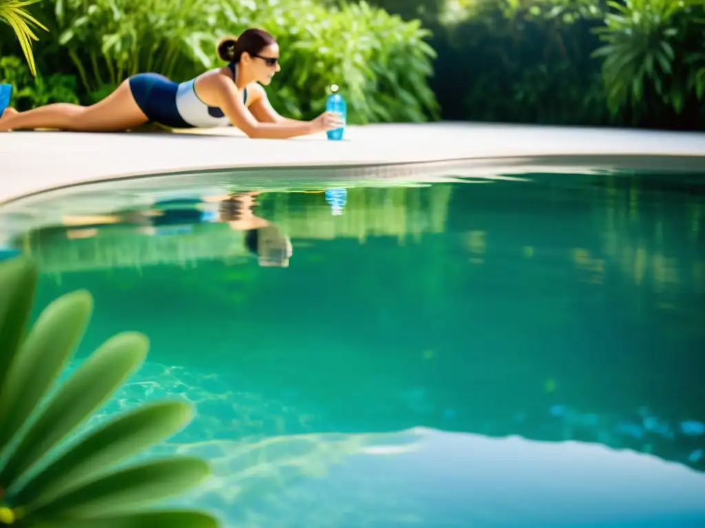 Piscina impecable: tratamiento de choque con cloro Imagen de alta resolución de una piscina con agua cristalina, rodeada de exuberante vegetación y bañada por cálida luz solar