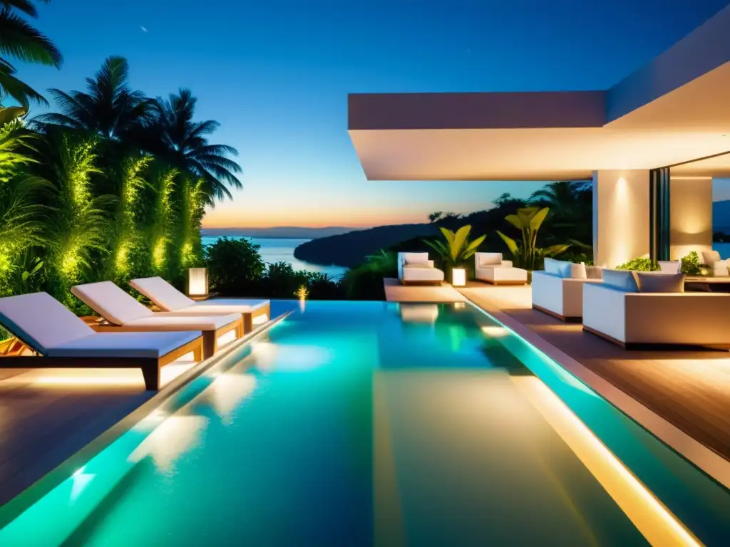 Espléndido ambiente nocturno en piscina con luces LED cambiantes Una impresionante escena de piscina moderna con iluminación LED cambiante de color, mobiliario elegante y exuberante vegetación