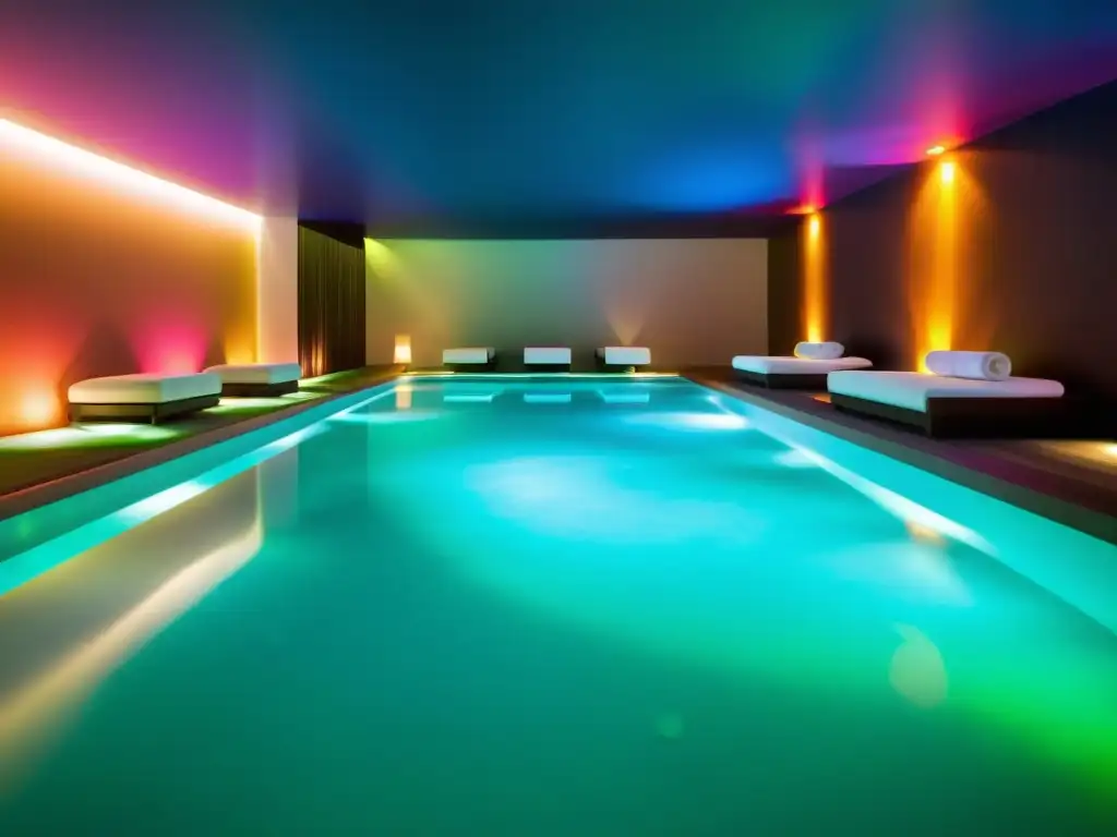 Espectacular spa submarino iluminado Una impresionante iluminación subacuática para spas crea un ambiente sereno y lujoso con luces LED multicolores que iluminan el agua cristalina