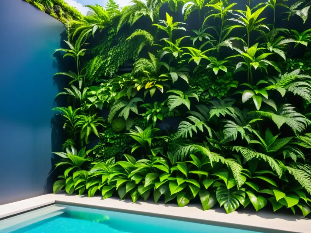 Muralla verde exuberante junto a la piscina Un impresionante muro verde con plantas tropicales en contraste con el agua azul de una piscina moderna
