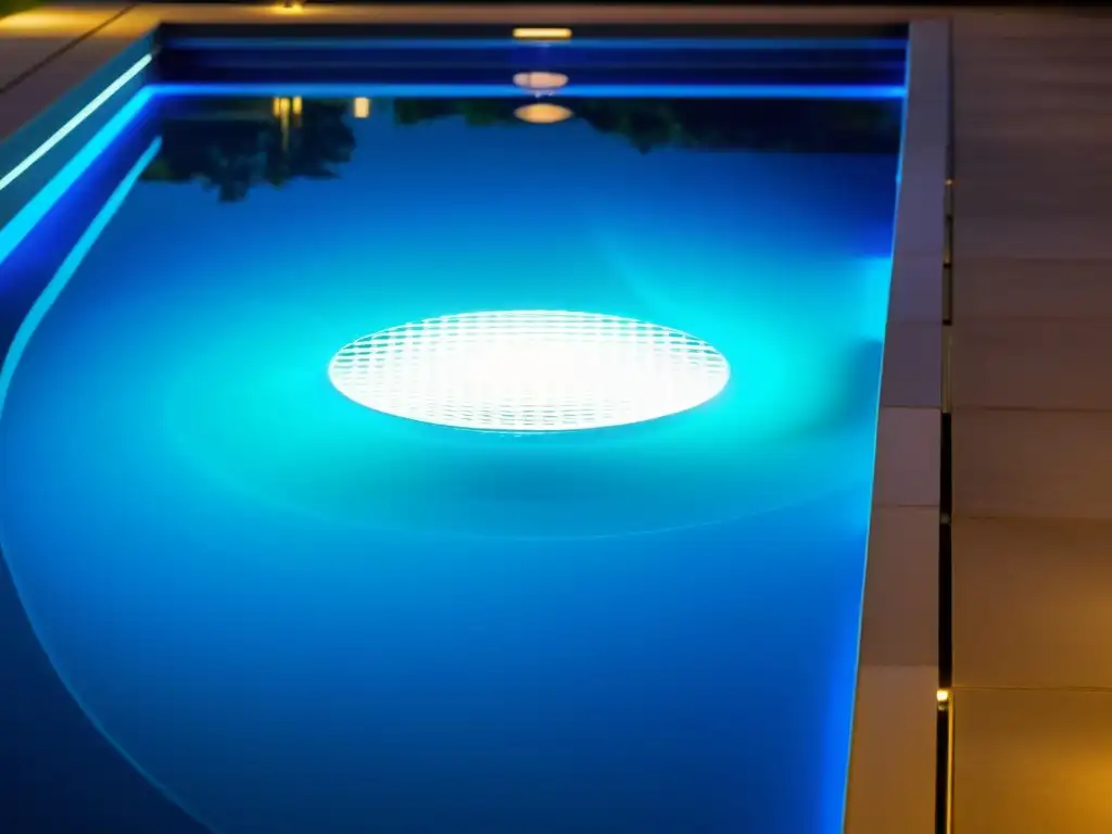 Luz LED subacuática: destellos de lujo Innovaciones en iluminación de piscinas: Una luz LED subacuática moderna ilumina una lujosa piscina al anochecer, creando un espectáculo de colores vibrantes y reflejos ondulantes en el agua cristalina