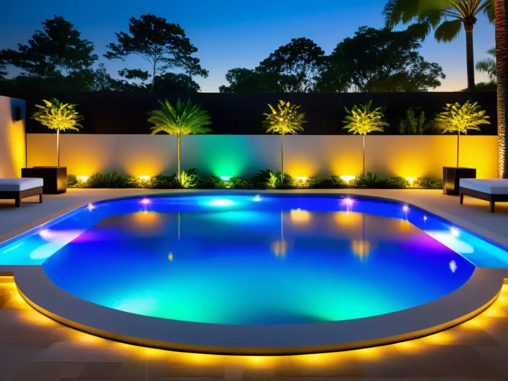 Luces LED de piscina: un espectáculo de colores y modernidad Innovaciones en iluminación de piscinas: Lámpara LED moderna ilumina el agua con luces vibrantes y multicolores, creando una escena cautivadora de lujo y sofisticación
