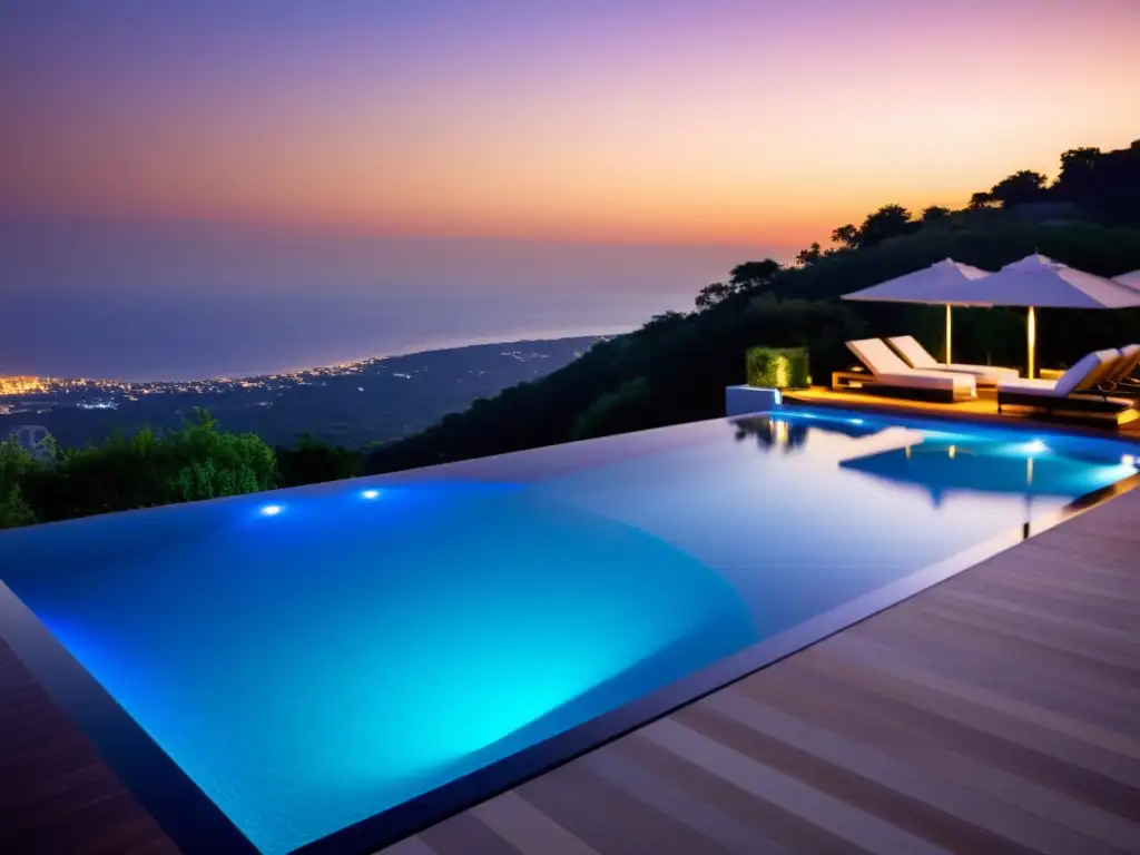 Piscina infinita de lujo con luces LED modernas iluminando el atardecer Innovaciones en iluminación de piscinas: Serenidad nocturna en una lujosa piscina infinita con luces LED modernas iluminando el agua en varios colores, creando una atmósfera deslumbrante y serena