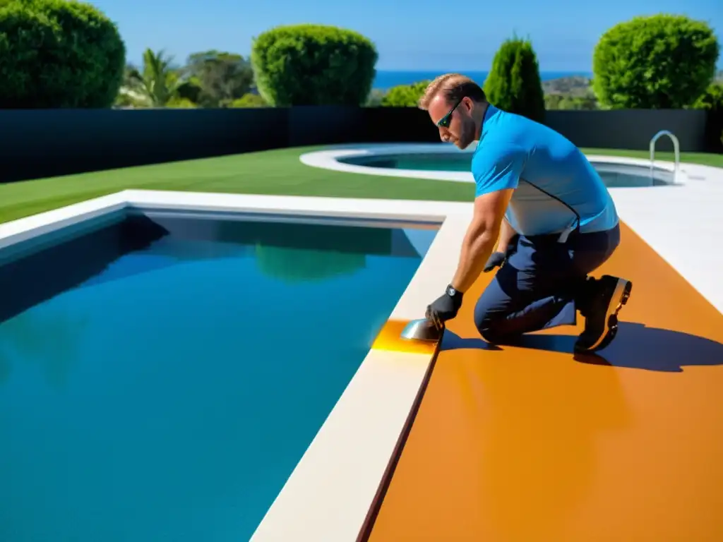 Instalación profesional de recubrimiento antideslizante en la piscina Un instalador profesional aplica con cuidado un revestimiento antideslizante para piscinas, mostrando precisión y seguridad en un entorno soleado y acogedor