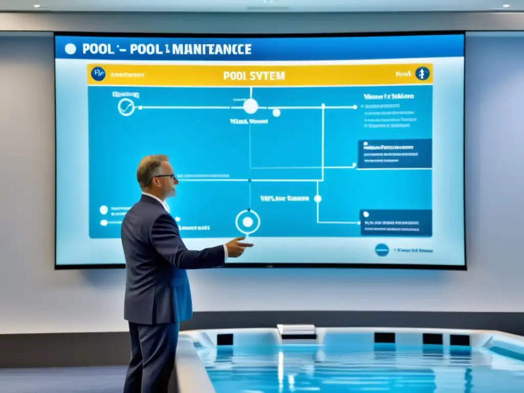 Un instructor profesional lidera un webinar envolvente sobre mantenimiento de piscinas, con herramientas digitales y gráficos informativos