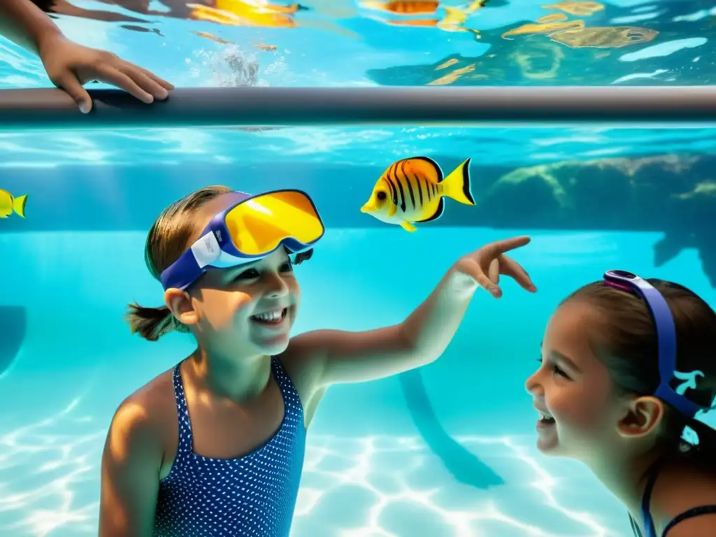 Un instructor sonriente observa a niños interactuando con criaturas marinas en una piscina con realidad aumentada