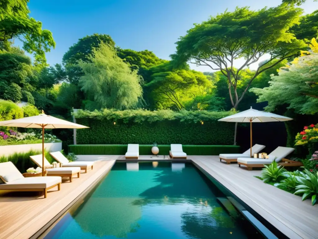 Exuberante piscina moderna en jardín natural Integración de piscina de diseño en jardín natural, oasis de elegancia y belleza orgánica