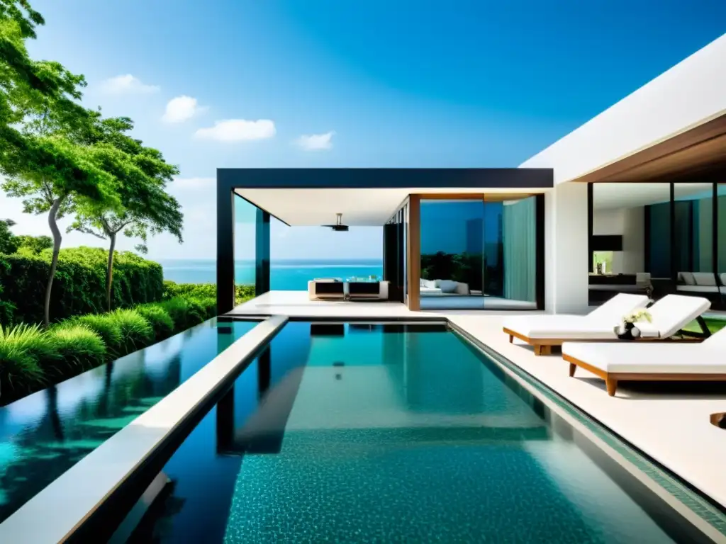 Increíble piscina de infinito en arquitectura moderna Integración piscinas arquitectura moderna: Diseño arquitectónico moderno con piscina infinita, creando un efecto visual impresionante de agua y cielo