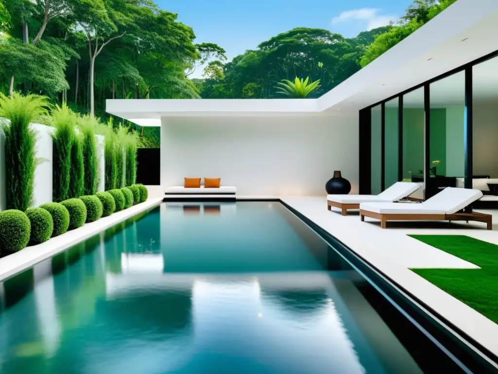 Piscina de lujo integrada en arquitectura contemporánea Integración piscinas arquitectura moderna: Elegante piscina en armonía con la arquitectura contemporánea, reflejando sofisticación y tranquilidad
