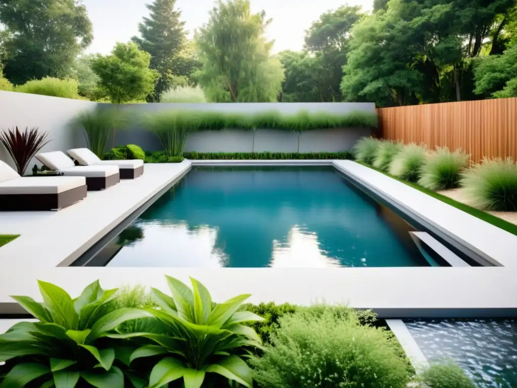 Jardín moderno con piscina integrada y paisajismo natural Integración piscinas diseño jardines naturales: Un elegante espacio moderno con piscina integrada rodeada de exuberante vegetación