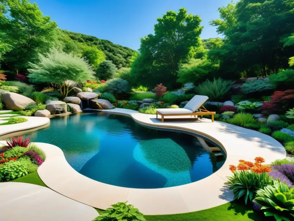 Oasis natural con piscina integrada Integración piscinas diseño jardines naturales: Hermoso jardín con piscina natural, exuberante vegetación y elementos modernos